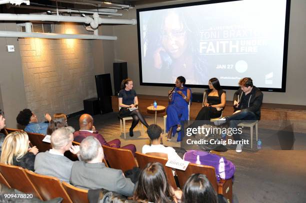 Jamie Singer, Antoinette Tuff, Toni Braxton and Trevor Morgan attend Lifetime"s Film,"Faith Under Fire: The Antoinette Tuff Story" red carpet...