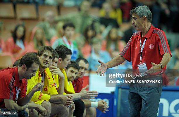 Turkey's head coach Bodgan Tanjevic gestures to players during their 2009 European Championship Basketball quarter-final game against Greece in...