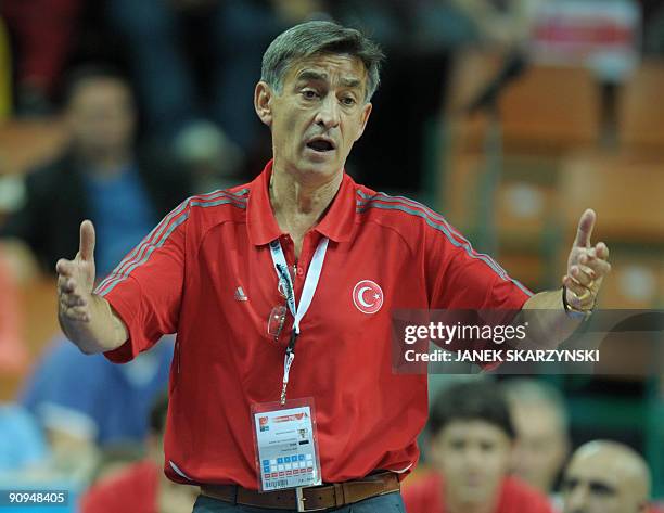 Turkey's head coach Bodgan Tanjevic gestures to players during their 2009 European Championship Basketball quarter-final game against Greece in...