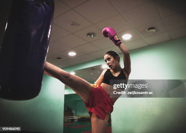 female kickboxer fighter training - girl kicking stock pictures, royalty-free photos & images