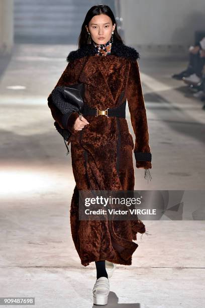 Model walks the runway during the Proenza Schouler Ready To Wear Fall Winter 2018 show as part of Paris Fashion Week on January 22, 2018 in Paris,...