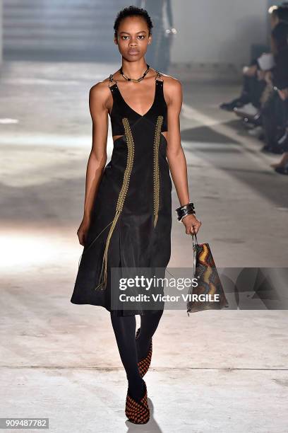 Model walks the runway during the Proenza Schouler Ready To Wear Fall Winter 2018 show as part of Paris Fashion Week on January 22, 2018 in Paris,...