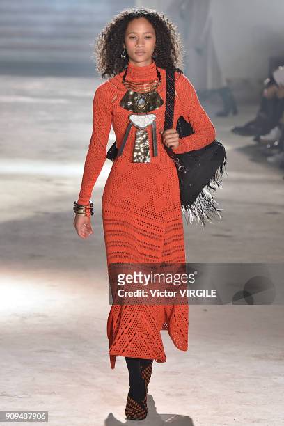 Model walks the runway during the Proenza Schouler Ready To Wear Fall Winter 2018 show as part of Paris Fashion Week on January 22, 2018 in Paris,...