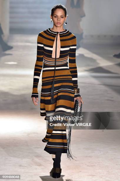 Model walks the runway during the Proenza Schouler Ready To Wear Fall Winter 2018 show as part of Paris Fashion Week on January 22, 2018 in Paris,...
