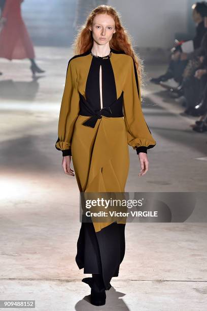 Model walks the runway during the Proenza Schouler Ready To Wear Fall Winter 2018 show as part of Paris Fashion Week on January 22, 2018 in Paris,...