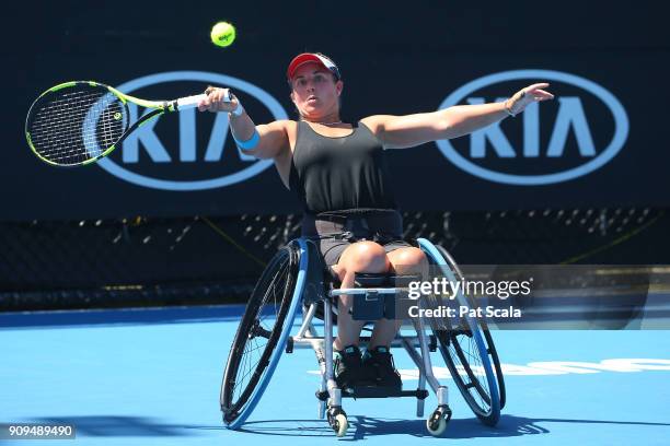 Lucy Shuker of Great Britain plays a forehand in her first round match against Sabine Ellerbrock of Germany in the Australian Open 2018 Wheelchair...