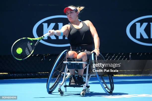 Lucy Shuker of Great Britain plays a forehand in her first round match against Sabine Ellerbrock of Germany in the Australian Open 2018 Wheelchair...