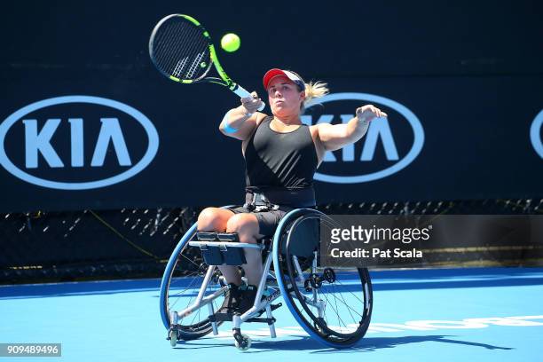 Lucy Shuker of Great Britain plays a forehand in her first round match against Sabine Ellerbrock of Germany in the Australian Open 2018 Wheelchair...