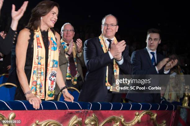 Princess Stephanie of Monaco, Prince Albert II of Monaco and Louis Ducruet attend the 42nd international circus festival in Monte Carlo on January...