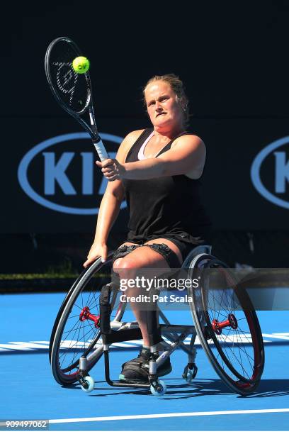 Aniek Van Koot of the Netherlands plays a backhand in her first round match against Kgothatso Montjane of South Africa in the Australian Open 2018...