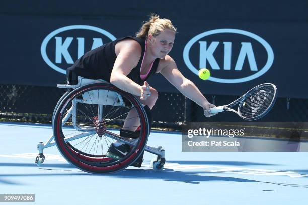 Aniek Van Koot of the Netherlands plays a forehand in her first round match against Kgothatso Montjane of South Africa in the Australian Open 2018...