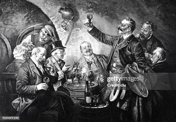 group of men sitting in restaurant, drinking wine - archival alcohol stock illustrations