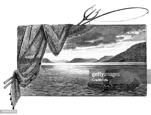 from the leatherstocking tales: man in canoe paddling on the otsego lake - otsego lake stock illustrations