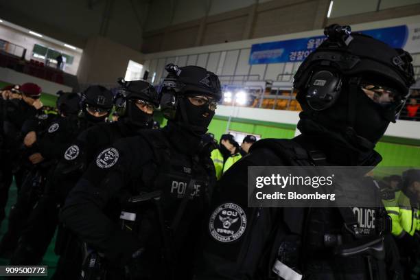 Members of the South Korean Special Weapons and Tactics team attend the inauguration ceremony for the designated special police battalion of the 2018...