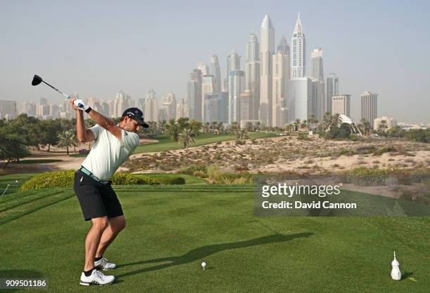 Sergio Garcia of Spain plays his tee shot from the eighth tee during the pro-am as a preview for the Omega Dubai Desert Classic on the Majlis Cours...