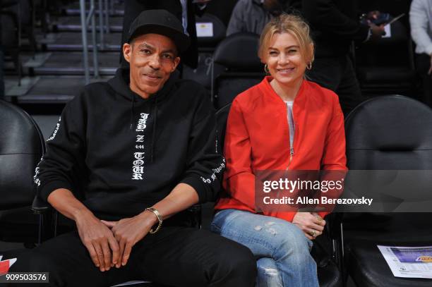 Chris Ivery and Ellen Pompeo attend a basketball game between the Los Angeles Lakers and the Boston Celtics at Staples Center on January 23, 2018 in...