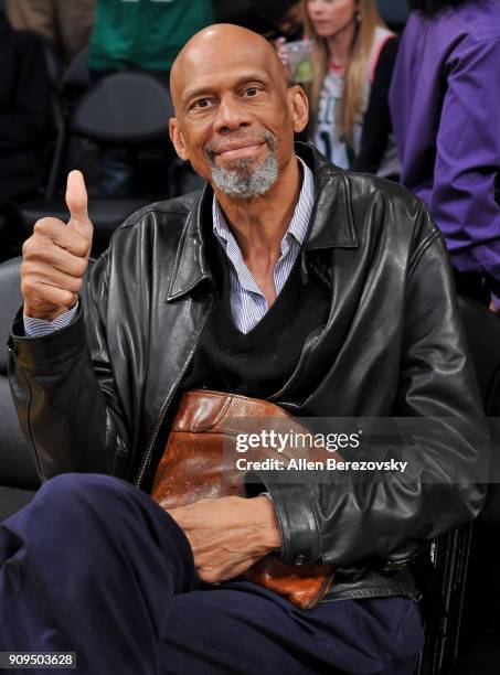 Kareem Abdul Jabbar attends a basketball game between the Los Angeles Lakers and the Boston Celtics at Staples Center on January 23, 2018 in Los...