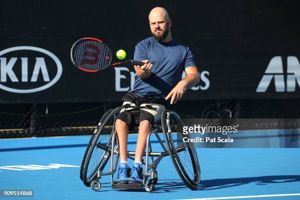 Stefan Olsson of Sweden plays a forehand in his match against Alfie Hewitt of Great Britain during the Australian Open 2018 Wheelchair Championships...