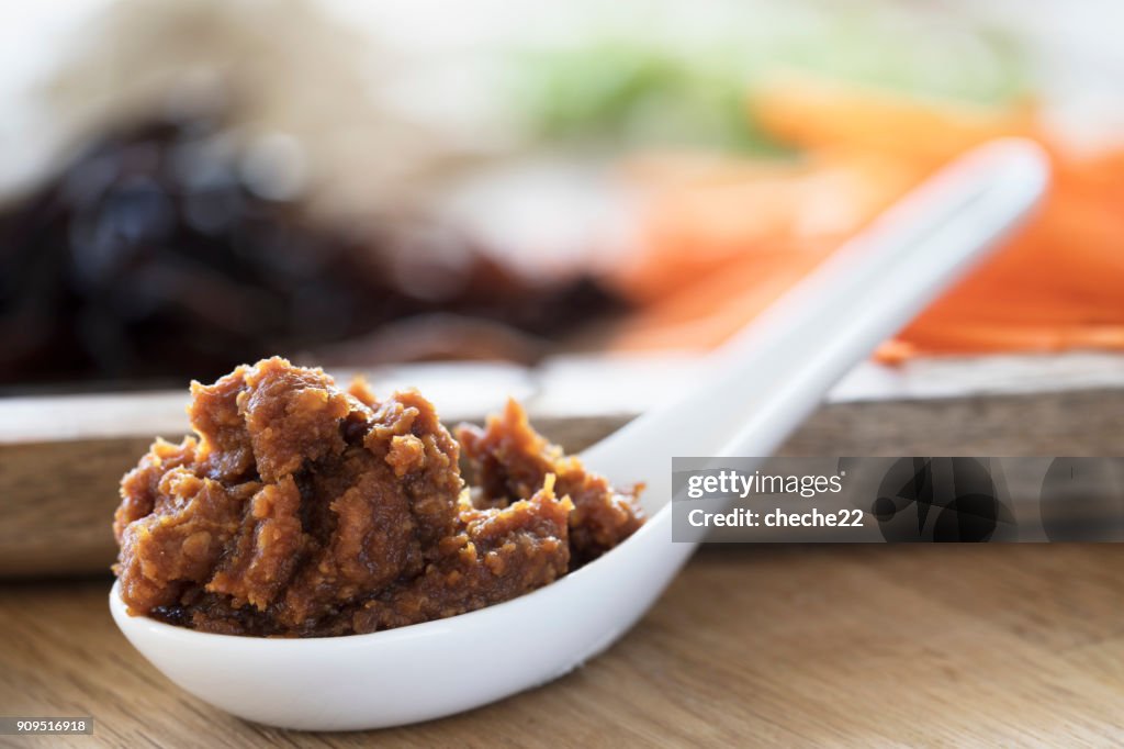 Rote Miso in weißen Suppenlöffel