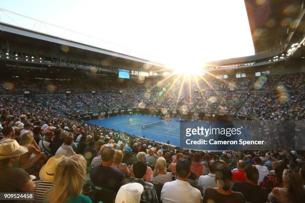 General view of Rod Laver Arena at sunset during the quarter-final match between Roger Federer of Switzerland and Tomas Berdych of the Czech Republic...
