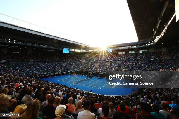 General view of Rod Laver Arena at sunset during the quarter-final match between Roger Federer of Switzerland and Tomas Berdych of the Czech Republic...