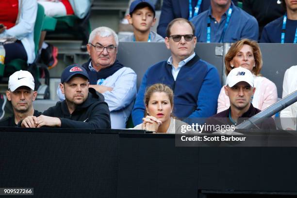 Wife Mirka Federer reacts in the player's box as Roger Federer of Switzerland plays against Tomas Berdych of the Czech Republic on day 10 of the 2018...