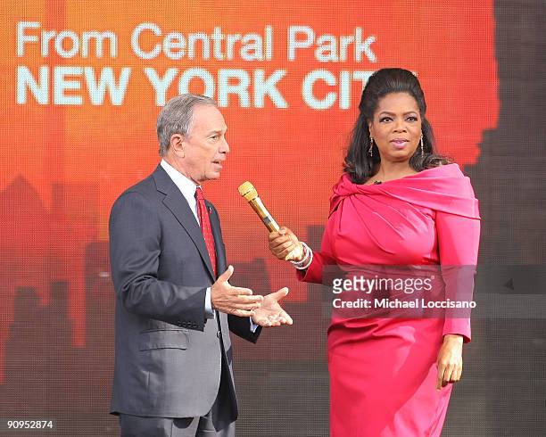 New York City Mayor Michael Bloomberg and TV personality Oprah Winfrey appear on The Oprah Winfrey Show: Fridays Live From New York at Rumsey...