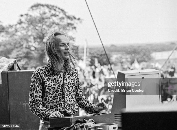 Brian Eno of Roxy Music playing an analogue synthesiser performing at The Great Western Express Festival at Bardney near Lincoln on 27th May 1972. It...