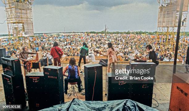 Brian Eno, Phil Manzanera, Paul Thompson, Andy Mackay, Rik Kenton and Bryan Ferry of Roxy Music performing at The Great Western Express Festival at...