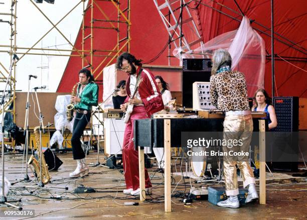 Andy Mackay, Bryan Ferry, Phil Manzanera, Rik Kenton, Brian Eno and Paul Thompson of Roxy Music performing at The Great Western Express Festival at...