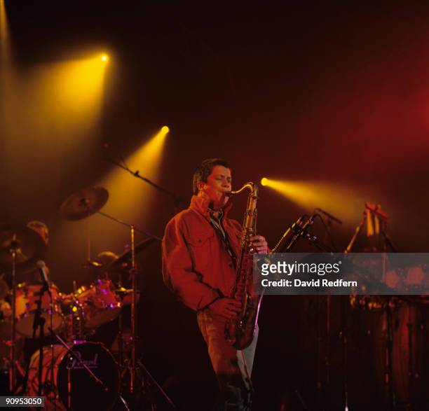 Saxophonist Andy Sheppard performs on stage in 1990.
