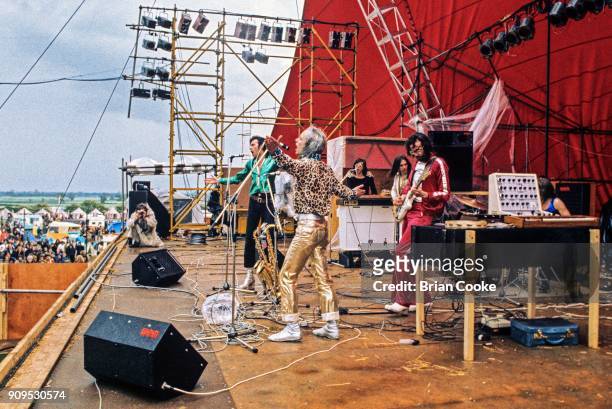 Andy Mackay, Brian Eno, Bryan Ferry, Rik Kenton, Phil Manzanera and Paul Thompson of Roxy Music performing at The Great Western Express Festival at...