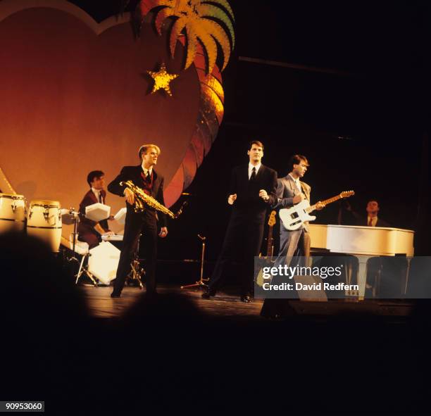 John Keeble, Steve Norman, Tony Hadley, Martin Kemp and Gary Kemp of Spandau Ballet perform on stage at the Midem Music Fair held in Cannes, France...