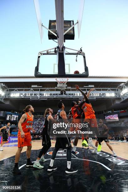 Jerry Evans Jr. Of the Cairns Taipans rebounds during the round 14 NBL match between Melbourne United and the Cairns Taipans at Hisense Arena on...