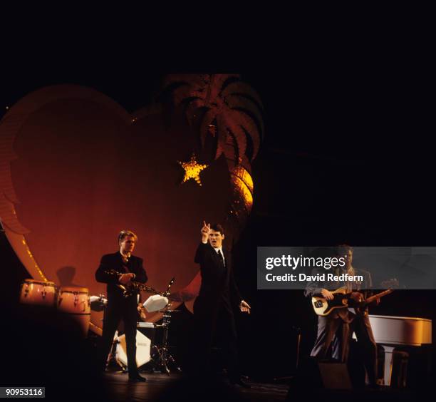 Steve Norman, Tony Hadley, Martin Kemp and Gary Kemp of Spandau Ballet perform on stage at the Midem Music Fair held in Cannes, France in 1984.