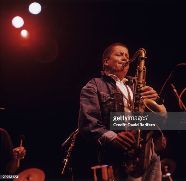 Saxophonist Andy Sheppard performs on stage in 1990.