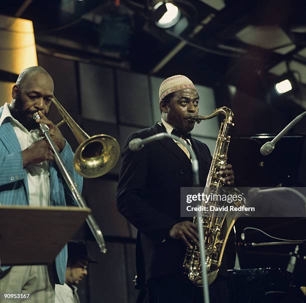 American jazz saxophone player Archie Shepp performs live on stage with trombone player Charles Greenlee at the Montreux Jazz Festival, Montreux,...