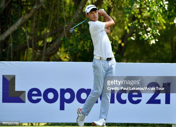 Micah Lauren Shin of the USA plays a shot during the pro- am event ahead of the Leopalace21 Myanmar Open at Pun Hlaing Golf Club on January 24, 2018...