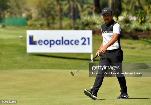 Miguel Tabuena of the Philippines plays a shot during the Pro am event ahead of the Leopalace21 Myanmar Open at Pun Hlaing Golf Club on January 24,...