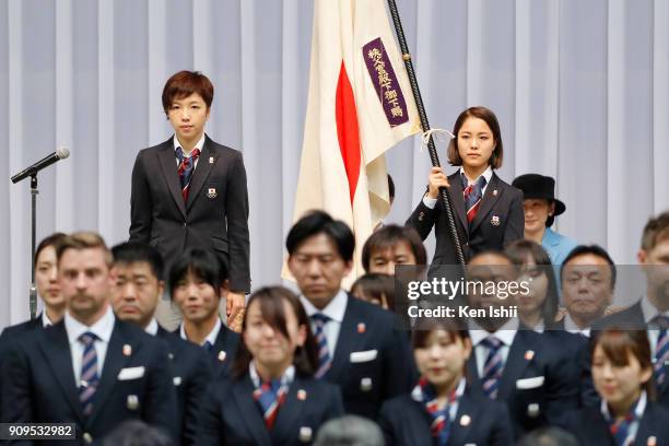 Captain of the Japanese delegations Nao Kodaira and a flag-bearer Sara Takanashi attend the send-off ceremony for the Japanese national team for The...