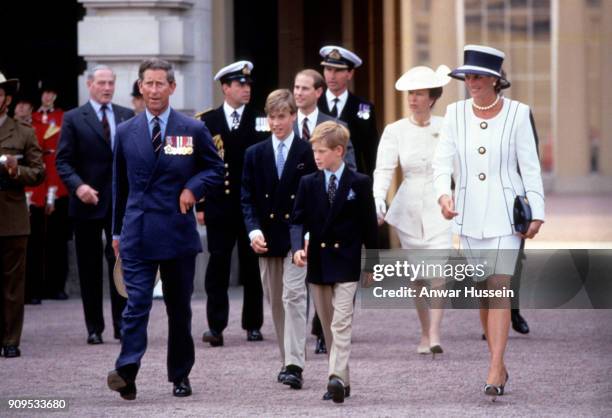 Prince Charles, Prince of Wales, Prince William, Prince Harry, Diana, Princess of Wales, Prince Andrew, Prince Edward and Princess Anne leave...