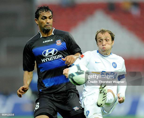 Alexander Iashvili of Karlsruhe battles for the ball with Gledson of Frankfurt during the Second Bundesliga match between Karlsruher SC and FSV...