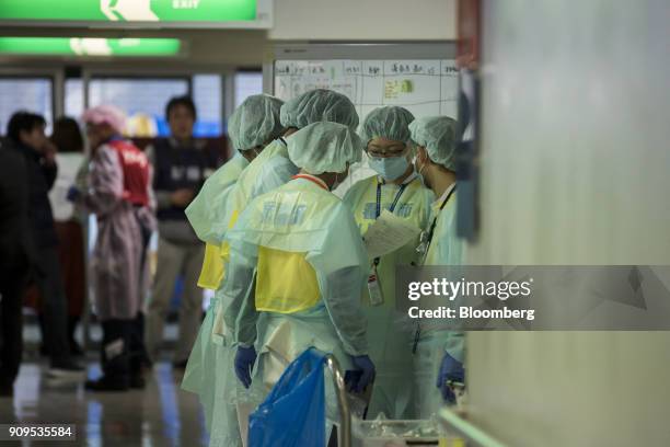 Doctors and nurses participate in a sarin attack drill at a hospital in Chiba, Japan, on Wednesday, Jan. 24, 2018. Japans largest terrorist incident...