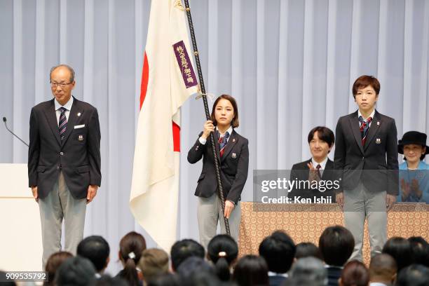 The head of japanese delegation Yasuo Saito, flag-bearer Sara Takanashi attends and captain of the japanese delegation Nao Kodaira attends the...