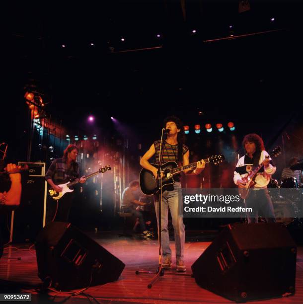 Bruce Hall, Kevin Cronin and Gary Richrath of REO Speedwagon perform on stage at the Montreux Rock Festival held in Montreux, Switzerland in May 1985.