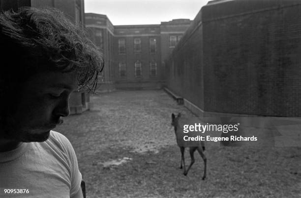 Close-up of an inmate in a yard at Lima State Hospital , Lima, Ohio, 1981. Visible in the background is a deer which had been rescued from the local...
