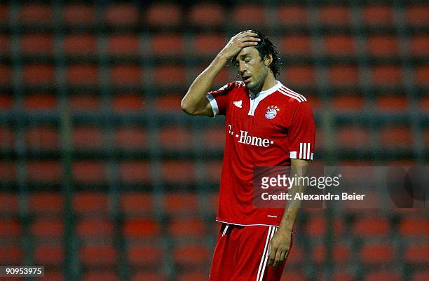 Luca Toni of Muenchen reacts during the Third Liga match between Bayern Muenchen II and SSV Jahn Regensburg at the Gruenwalder Stadium on September...