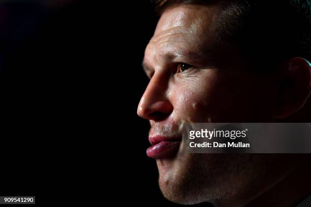 Dylan Hartley of England speaks during the 6 Nations Launch event at the Hitlon on January 24, 2018 in London, England.
