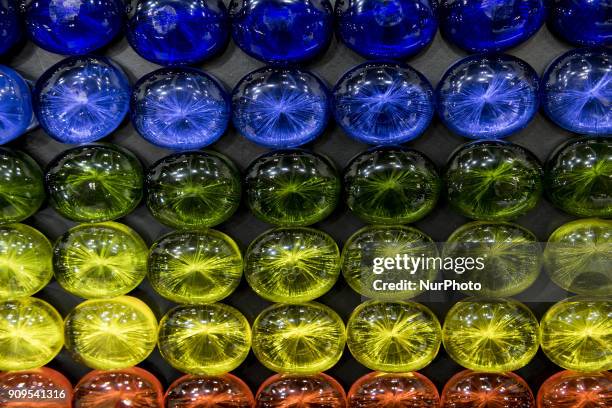 Framed weakly acidic soaps colored are shown during the Cosme Tokyo 2018, January 24, 2018 in Japan. Cosme Tokyo 2018 and the Asia's leading...