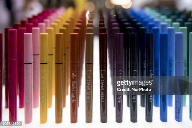 Eyeliner colored are shown during the Cosme Tokyo 2018, January 24, 2018 in Japan. Cosme Tokyo 2018 and the Asia's leading exhibition featuring...